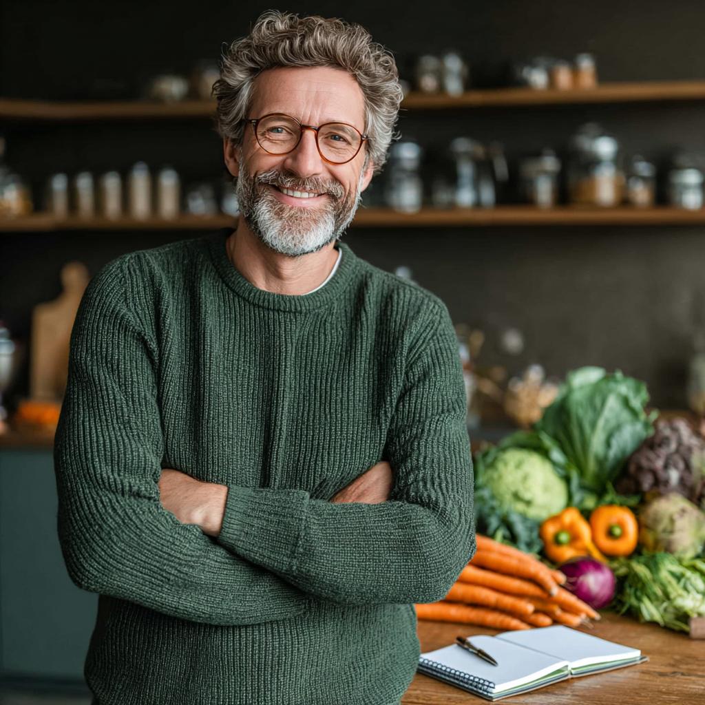 Confident man in his early 50s with graying hair and beard, wearing a casual green sweater, standing in a modern kitchen with fresh ingredients and a notebook, smiling while planning healthy meals