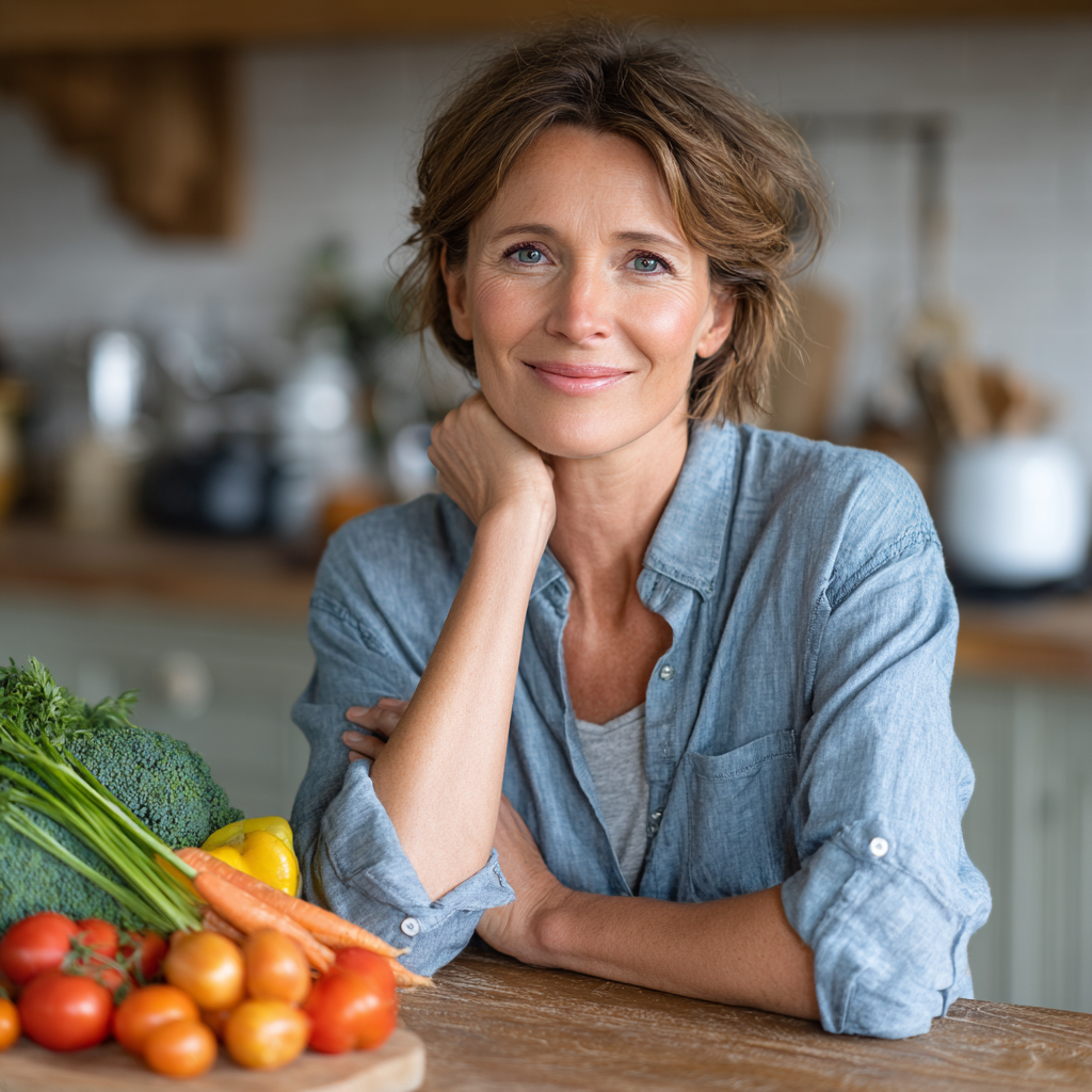 Smiling middle-aged woman in her late 40s with short brown hair, wearing a light blue shirt, sitting at a kitchen table with fresh vegetables and fruits, looking confident and healthy while planning meals